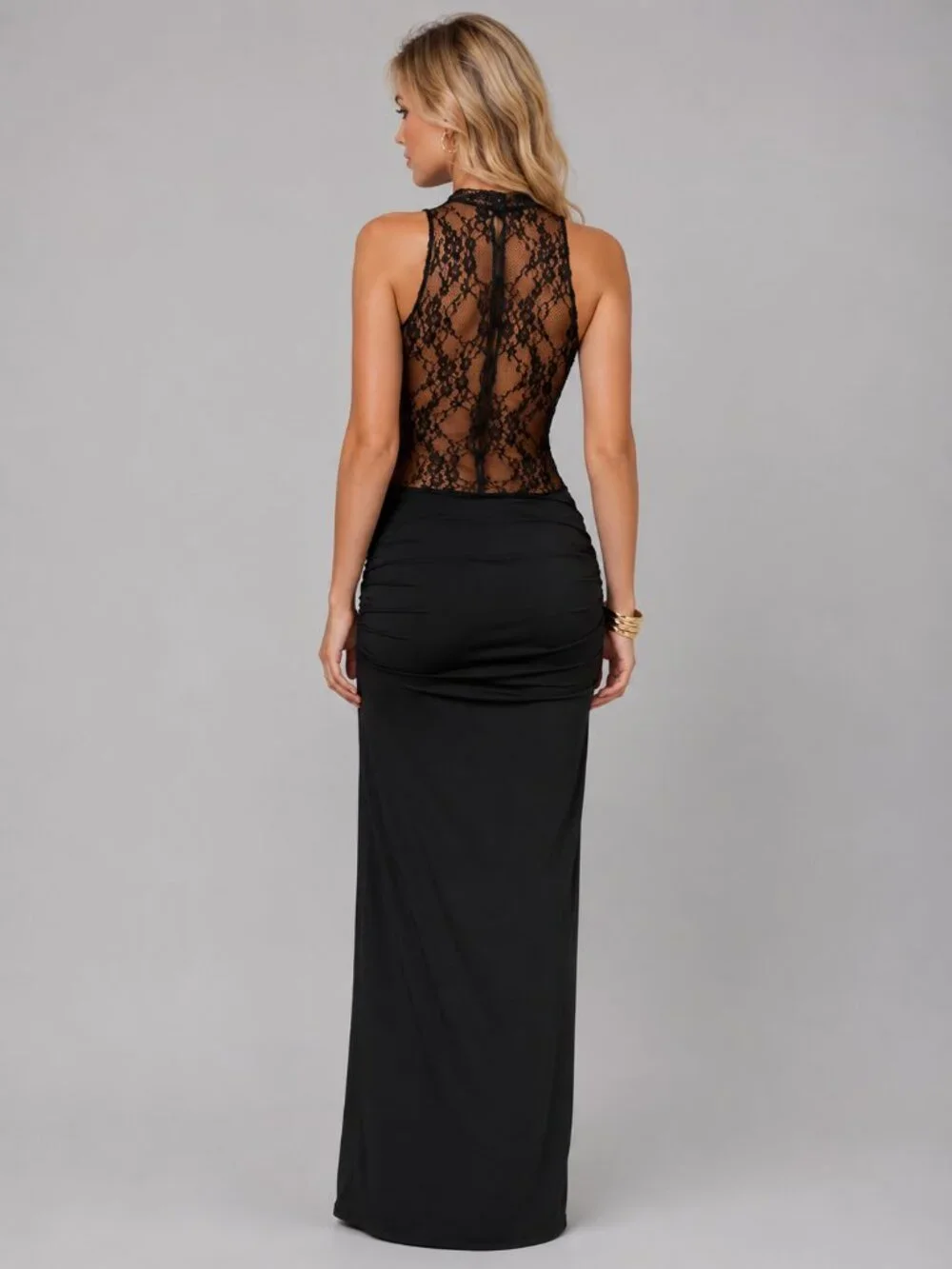 Women's Black Lace Maxi Dress Mock Neck Bodycon Sheer Evening Party Gown - Picture 4 of 5